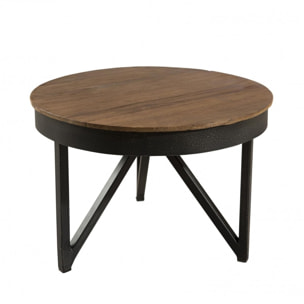ALIDA - Table basse ronde d'appoint 50x50cm plateau teck recyclé pied métal noir