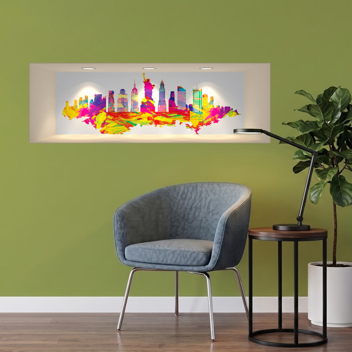 Stickers muraux 3D | Sticker Mural Autocollant effet 3D New-York Design multicolore - Stickers adhésifs 3D Chambre Salon Trompe l'oeil
