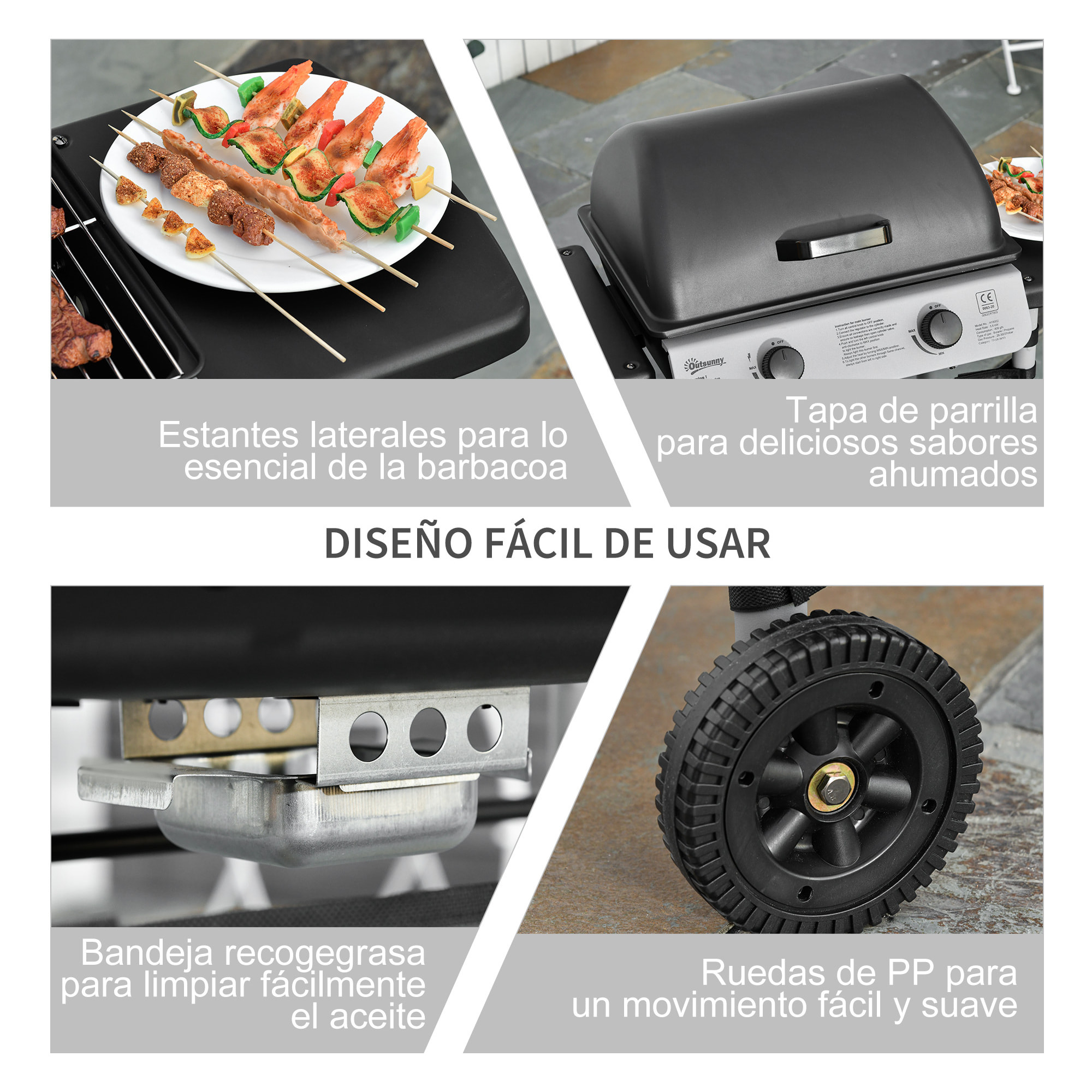 Barbacoa de Gas con 2 Quemadores 5,6 KW BBQ de Gas con 2 Ruedas 2 Mesas Laterales y Parrillas de Acero para Picnic Camping 104x49x99 cm Negro