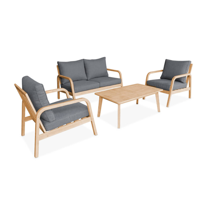 salon de jardin en bois d'acacia 4 places gris CARNOTA. coussins déhoussables. 2 fauteuils. 1 canapé 2 places et 1 table