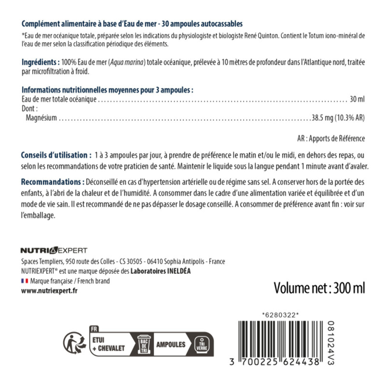NUTRI EXPERT - Plasma Marin Hypertonic - Riche en minéraux et oligo-éléments - Action détoxifiante et dynamisante - Préparé selon le procédé de René Quinton - 30 ampoules buvables autocassables