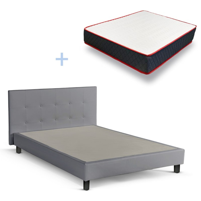 Lit Venise Simili Cuir Gris + Matelas Memoire de Forme | Confort optimal | Design et qualité