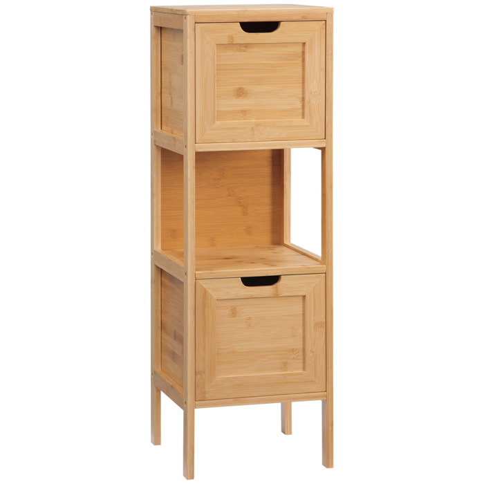 Meuble colonne rangement salle de bain bambou design cosy naturel 2 tiroirs niche H. 90 cm