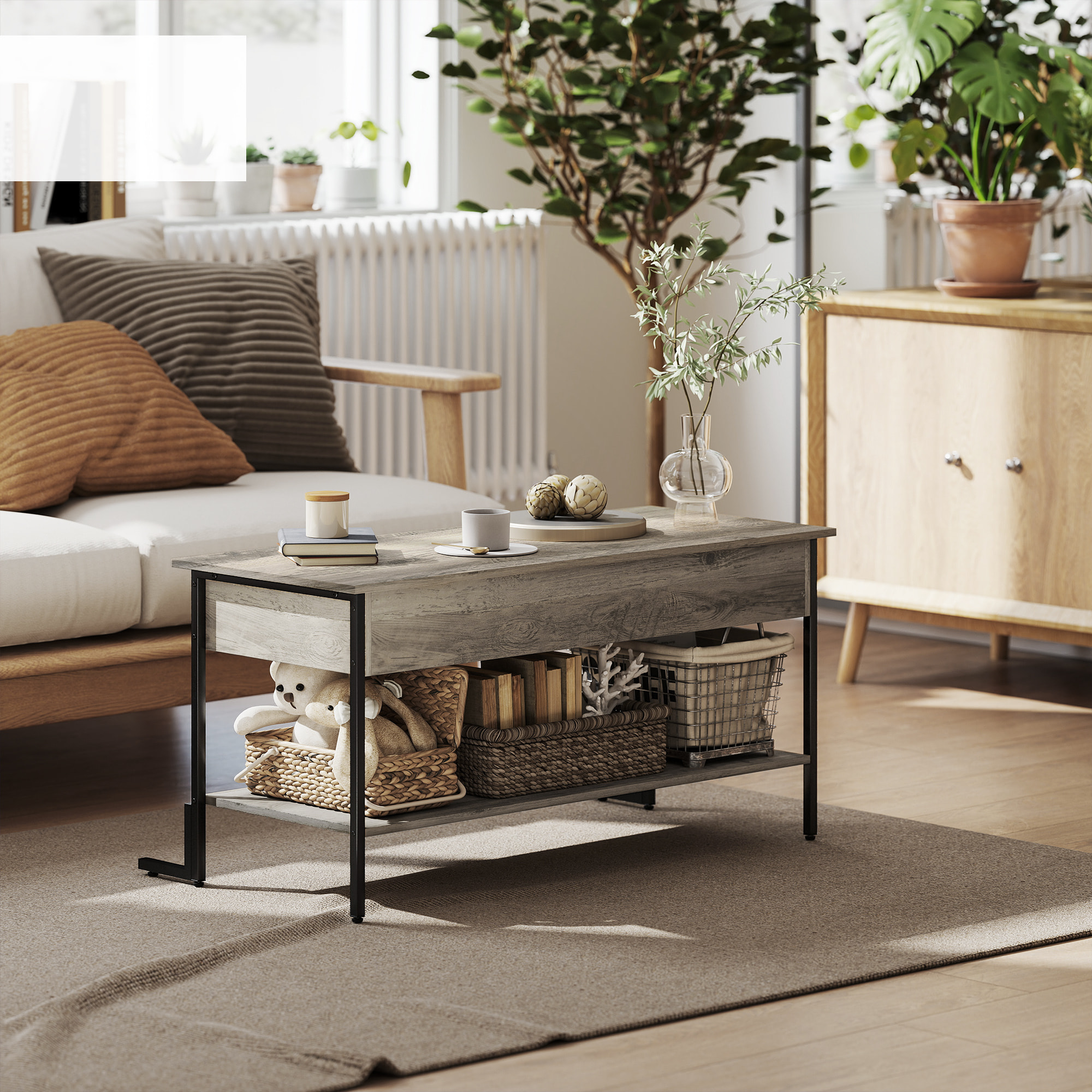 Table basse relevable style industriel - étagère - plateau relevable H.46-59 cm - métal noir effet bois gris