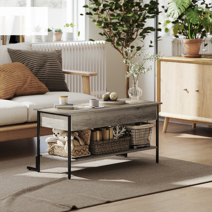 Table basse relevable style industriel - étagère - plateau relevable H.46-59 cm - métal noir effet bois gris