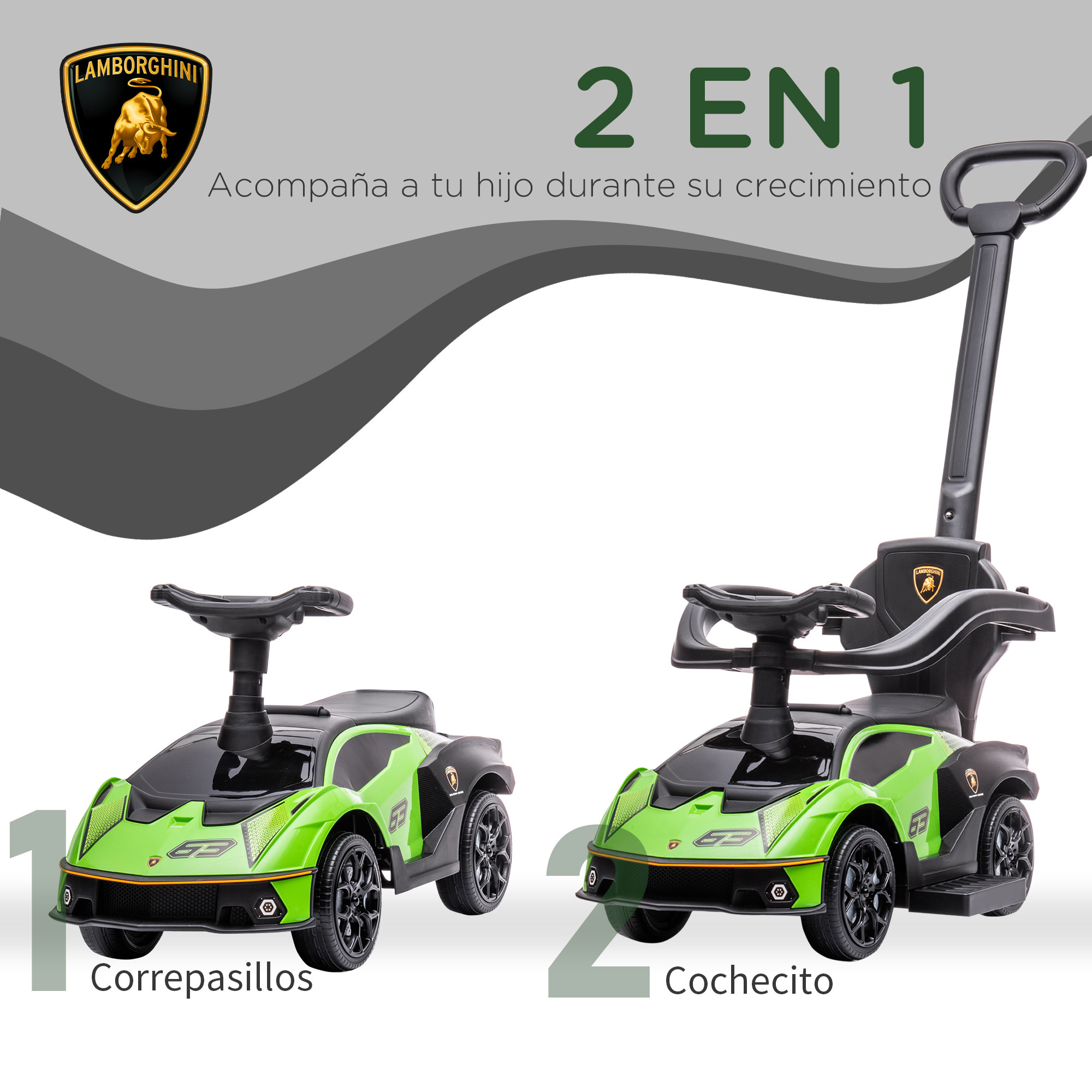 2 en 1 Coche Correpasillos para Niños 12-36 Meses Andador Empujador con Manija de Empuje Bocina 86,5x40x89,5 cm Verde y Negro