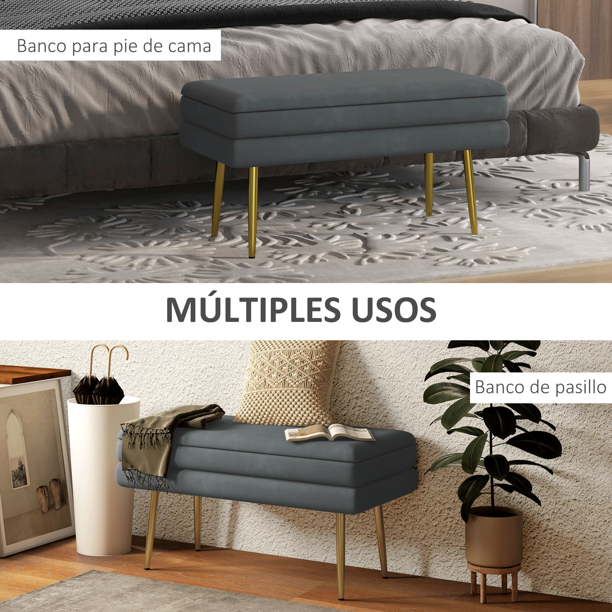 Baúl de Almacenaje para Dormitorio 30L Puff Almacenaje Tapizado en Terciopelo Banco de Almacenaje Desmontable con Patas de Acero para Entrada Salón 79,5x37,5x43 cm Gris Oscuro