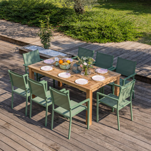 Salon de jardin en teck JAVA avec chaises en aluminium vert sauge - 8 places