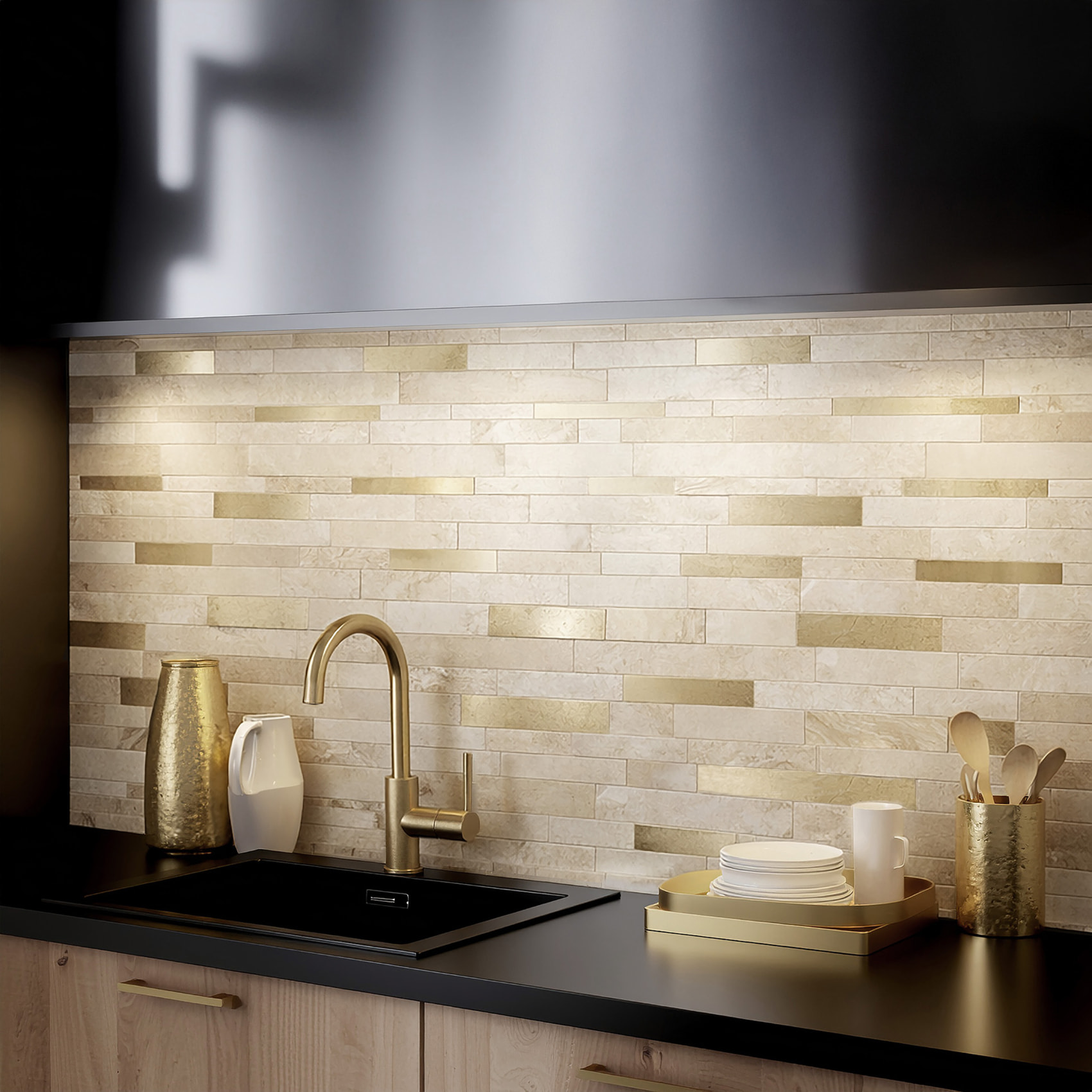 Crédence adhésive murale 3D motif lamelles 4 pièces - Doré