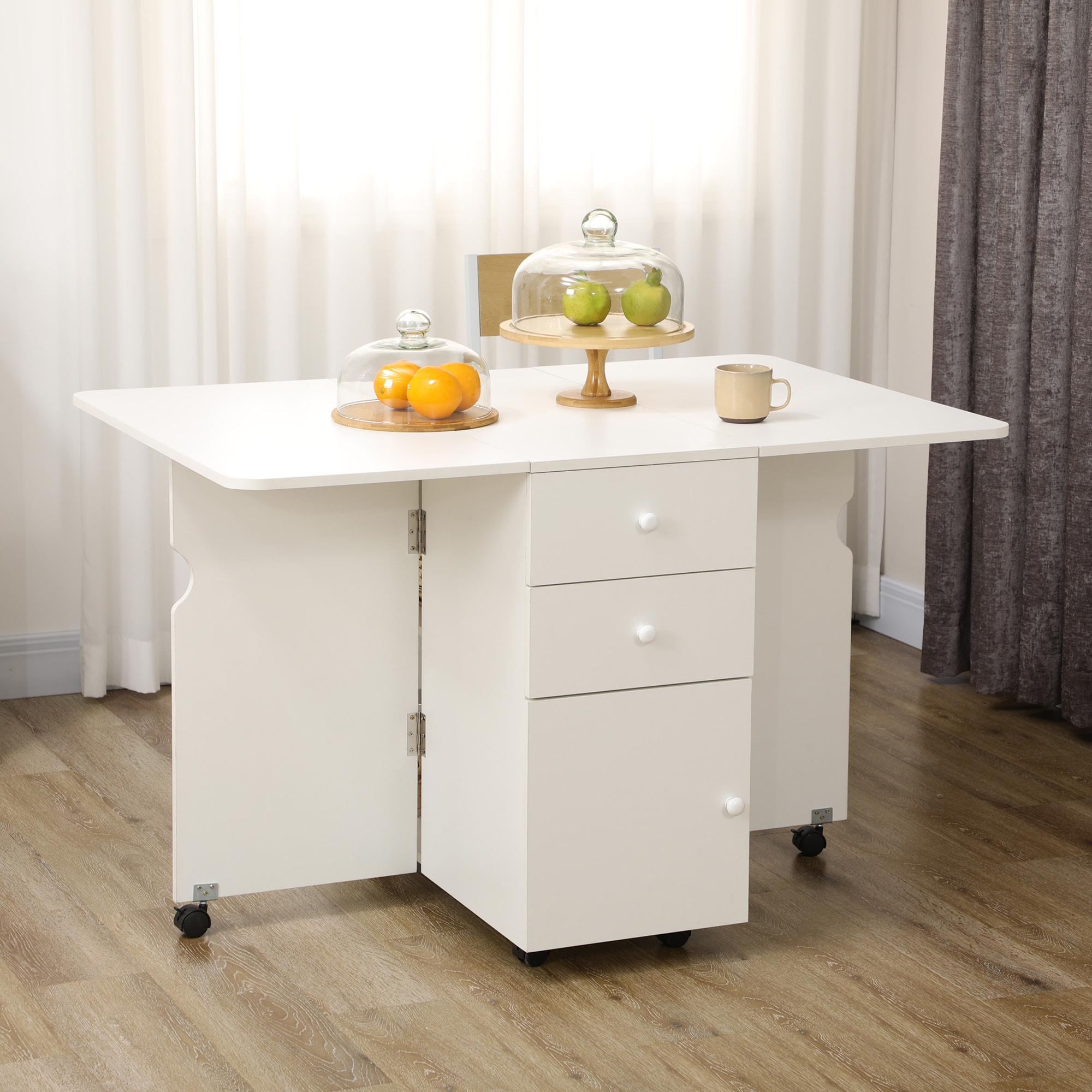 Mesa de Comedor Plegable Mesa de Cocina Extensible Alas Abatibles con 6 Ruedas y 2 Cajones de Almacenamiento de Estilo Moderno 120x80x75 cm Blanco