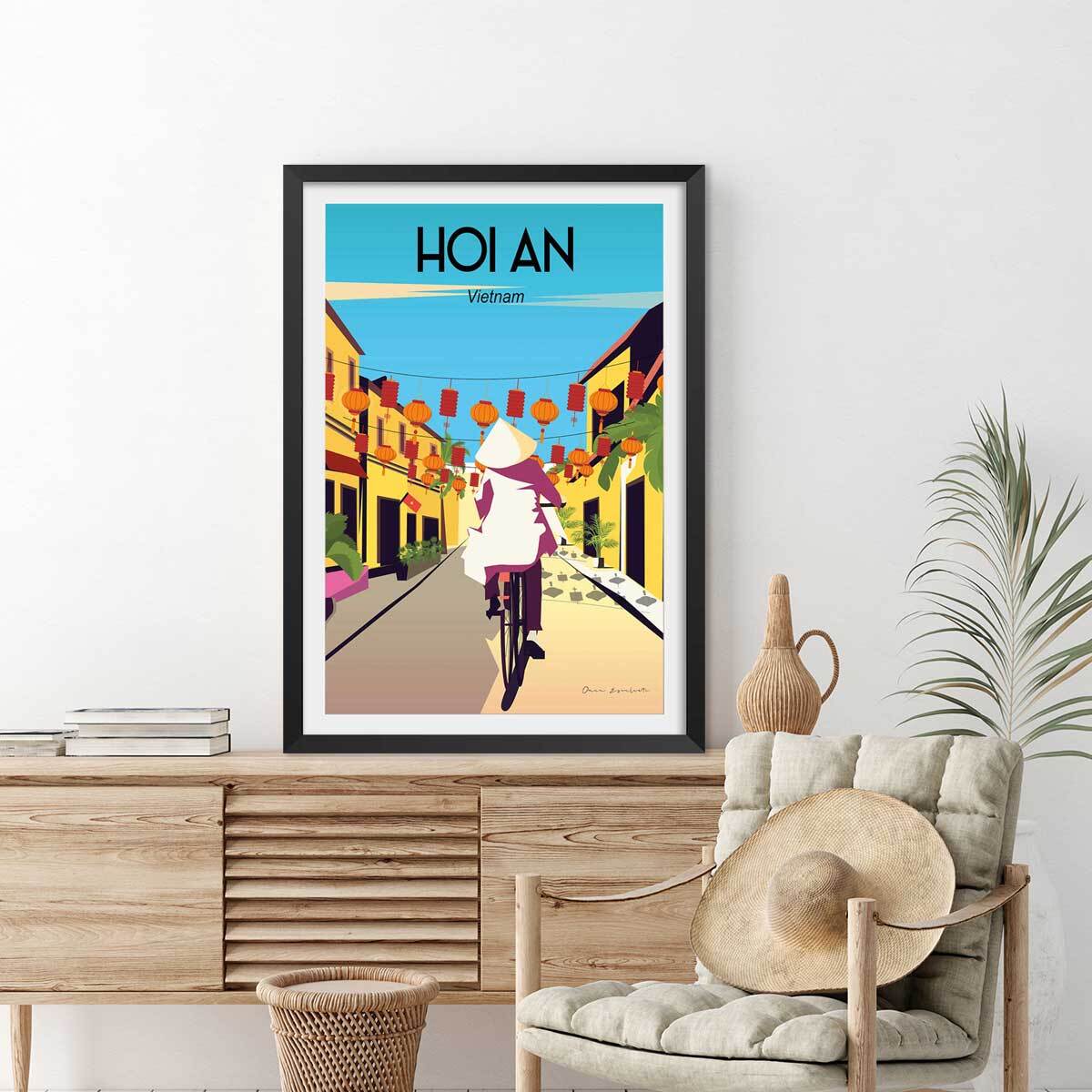 Affiche ville voyage Hoi An Vietnam Affiche + cadre en bois - Noir