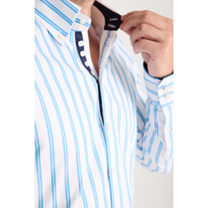 Camicia Uomo 2 Bottoni Button Down Slim Armaturato Riga Larga Bianco e Turchese