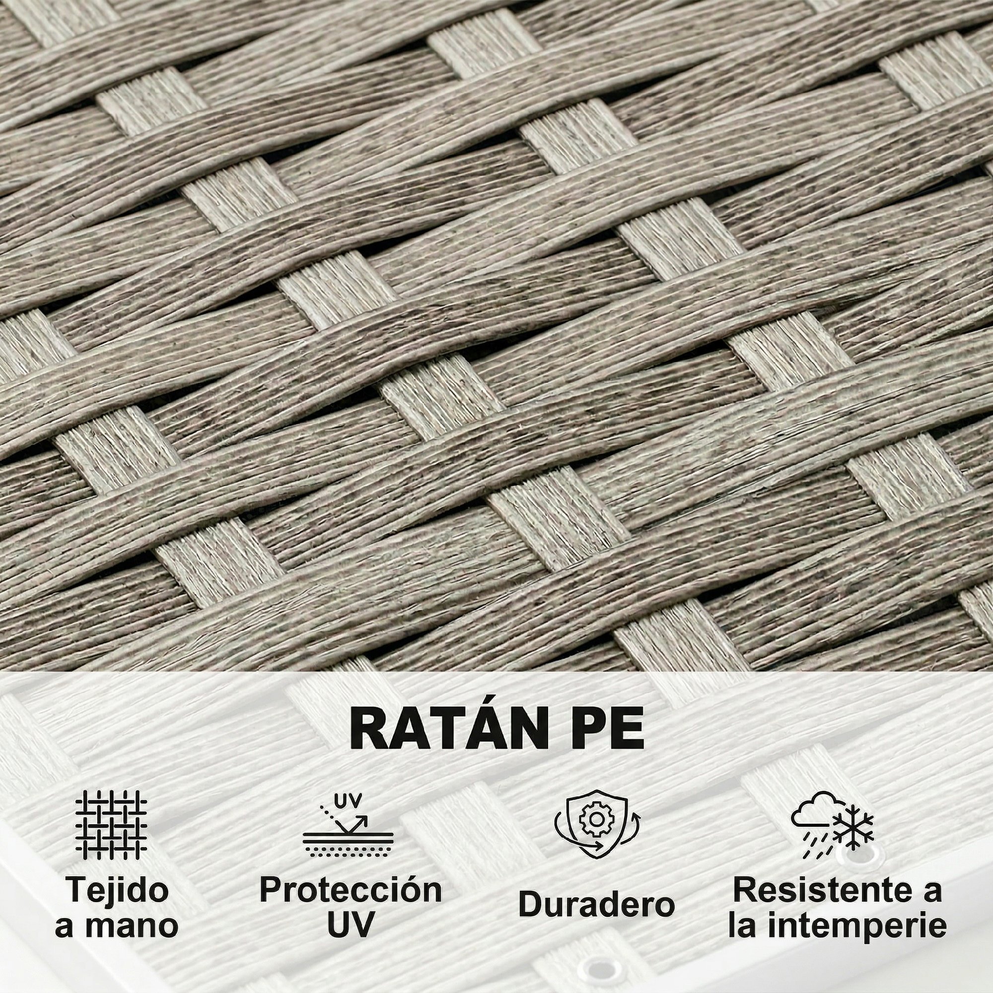 Conjunto de Jardín de Ratán de 3 Piezas, Conjunto Terraza Resistente, Muebles Jardín Exterior Incluye Cojines, Sofá de 3 Plazas, Sofá de 2 Plazas con Mesa Lateral, Mesa Centro de Vidrio Gris