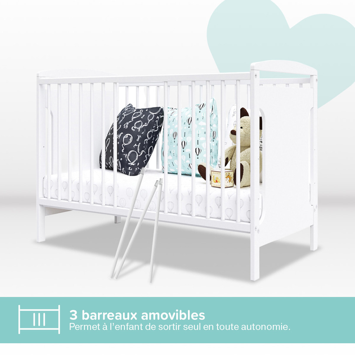 Lit Bébé Évolutif Margot 60x120 cm en Bois, Blanc, Sommier Réglable 3 Hauteurs, Barreaux Amovibles