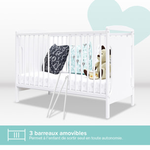 Lit Bébé Évolutif Margot 60x120 cm en Bois, Blanc, Sommier Réglable 3 Hauteurs, Barreaux Amovibles