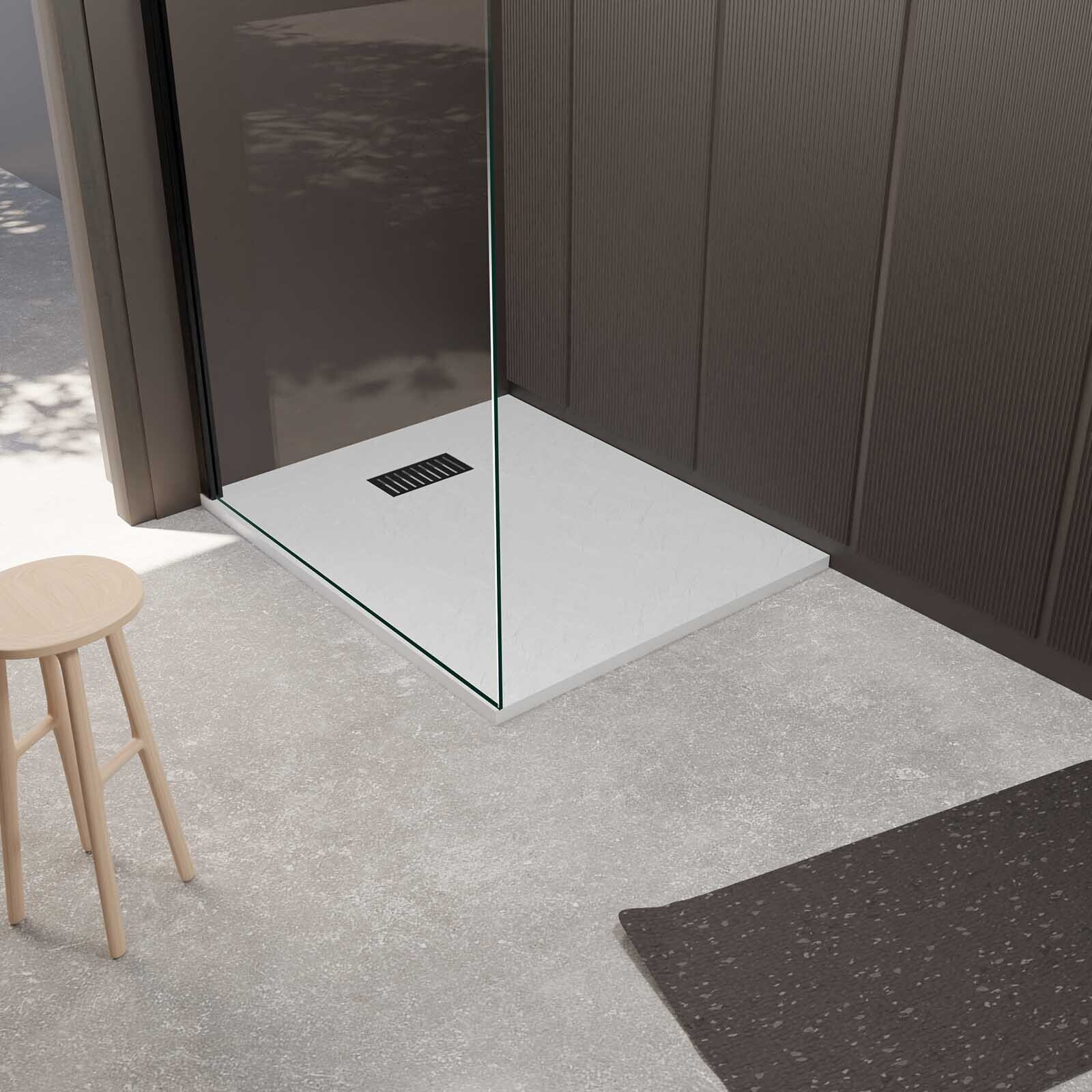 Receveur de douche Blanc Effet Pierre 80x100 cm et Grille décor Linéaire Noire Mate