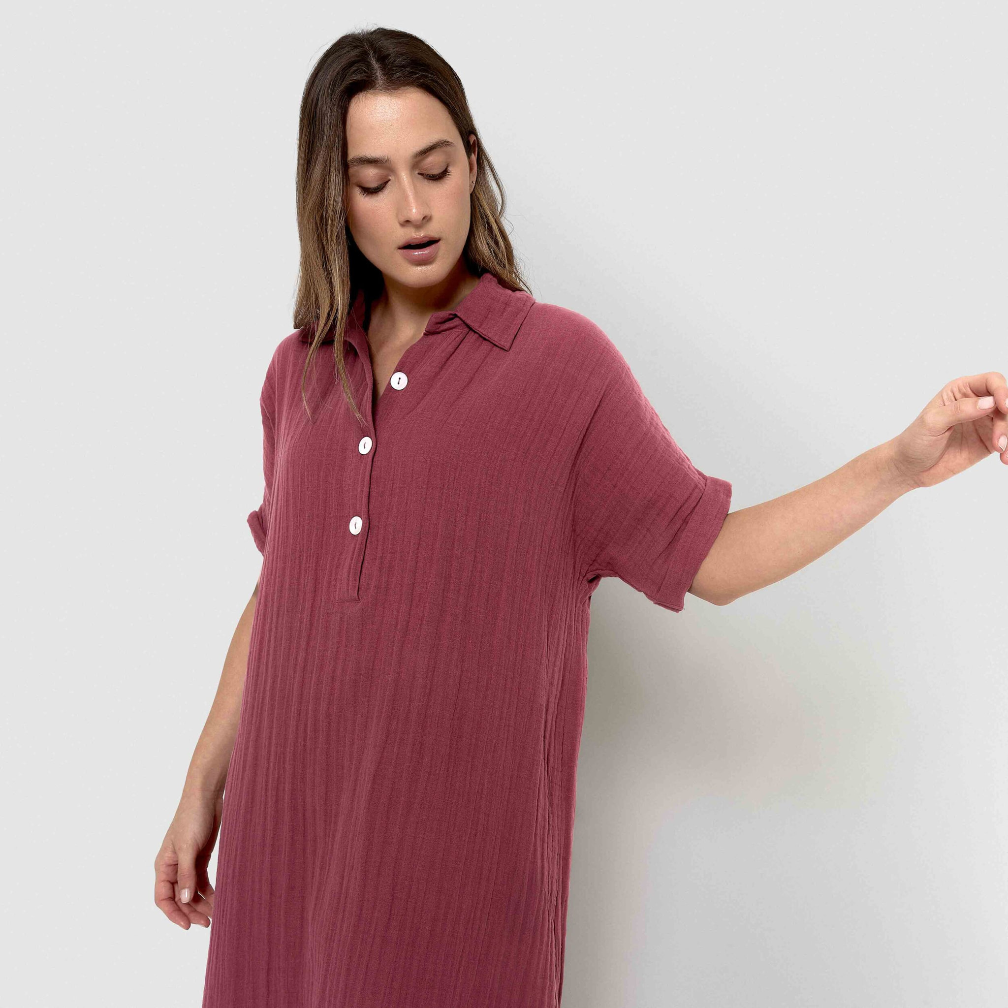 Vestido midi manga fluida muselina malva/rosa