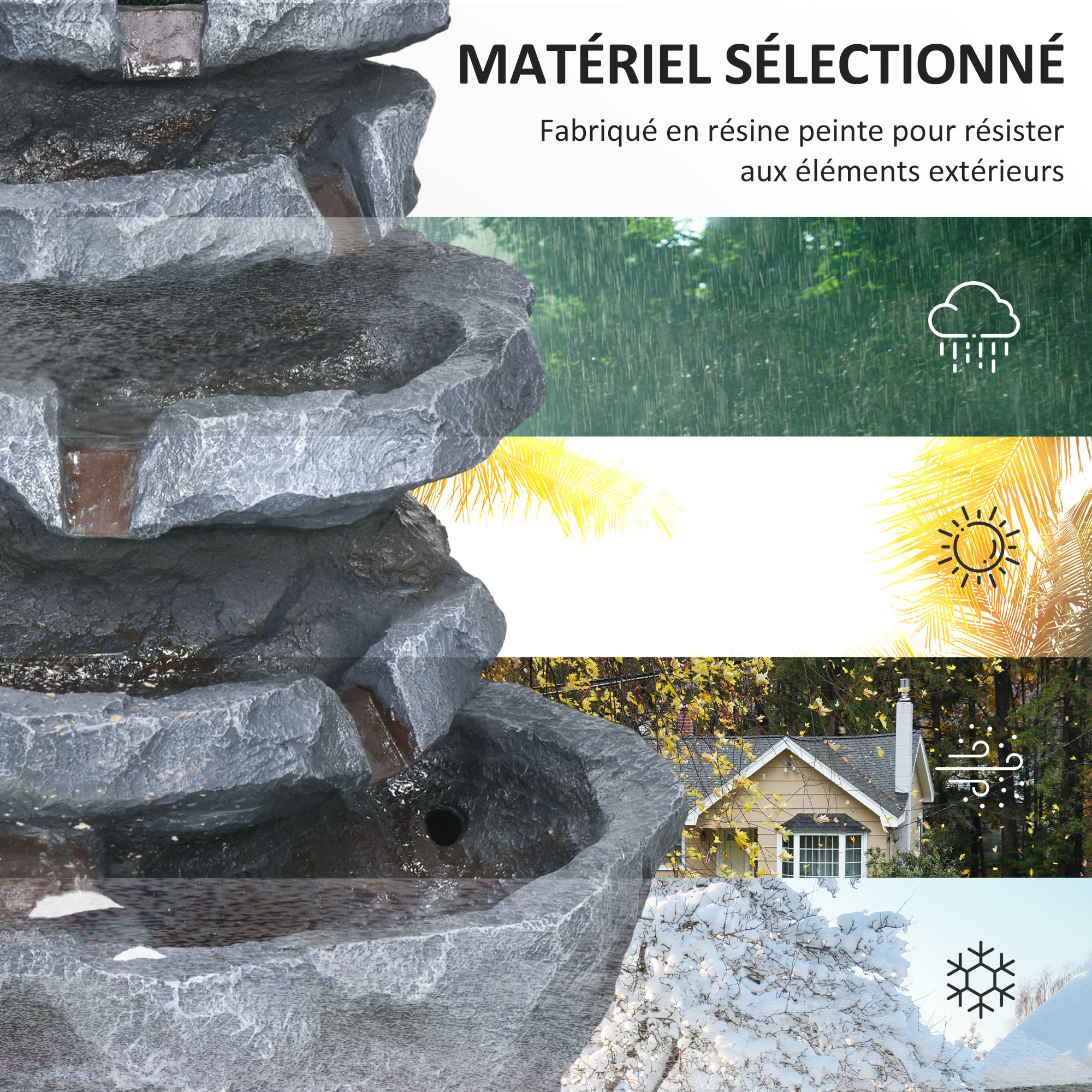 Fontaine de jardin à énergie solaire - fontaine roche cascade 5 niv. LED pompe incluse - résine gris