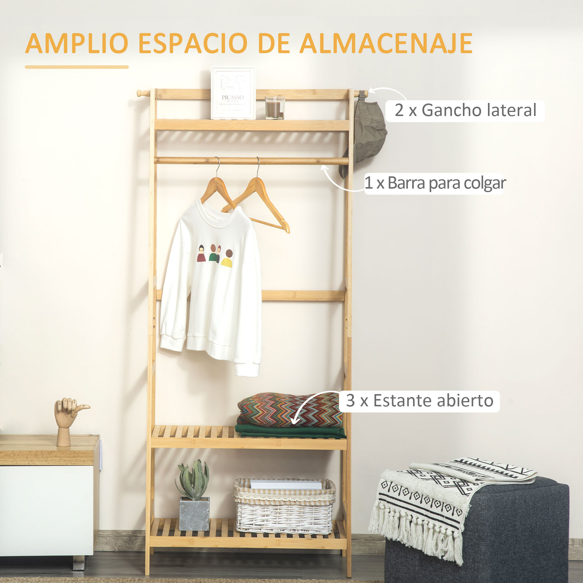 HOMCOM Perchero de Pie de Bambú Perchero Trapezoidal con Estantería de 3 Niveles con Barra y Colgador Lateral para Ropa Bolsas para Pared Dormitorio 70x42x164 cm Natural