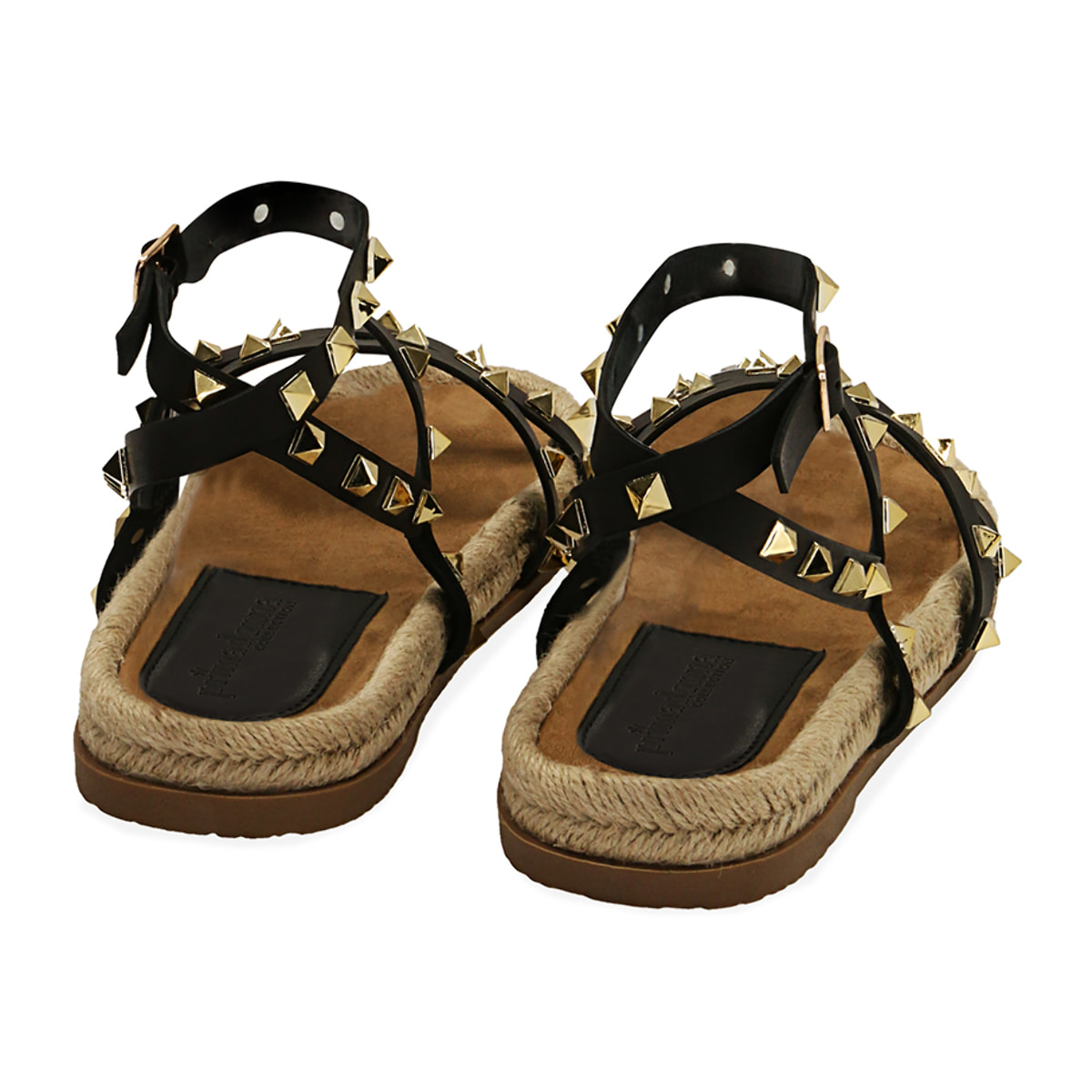 Sandali borchiati neri con suola in rafia