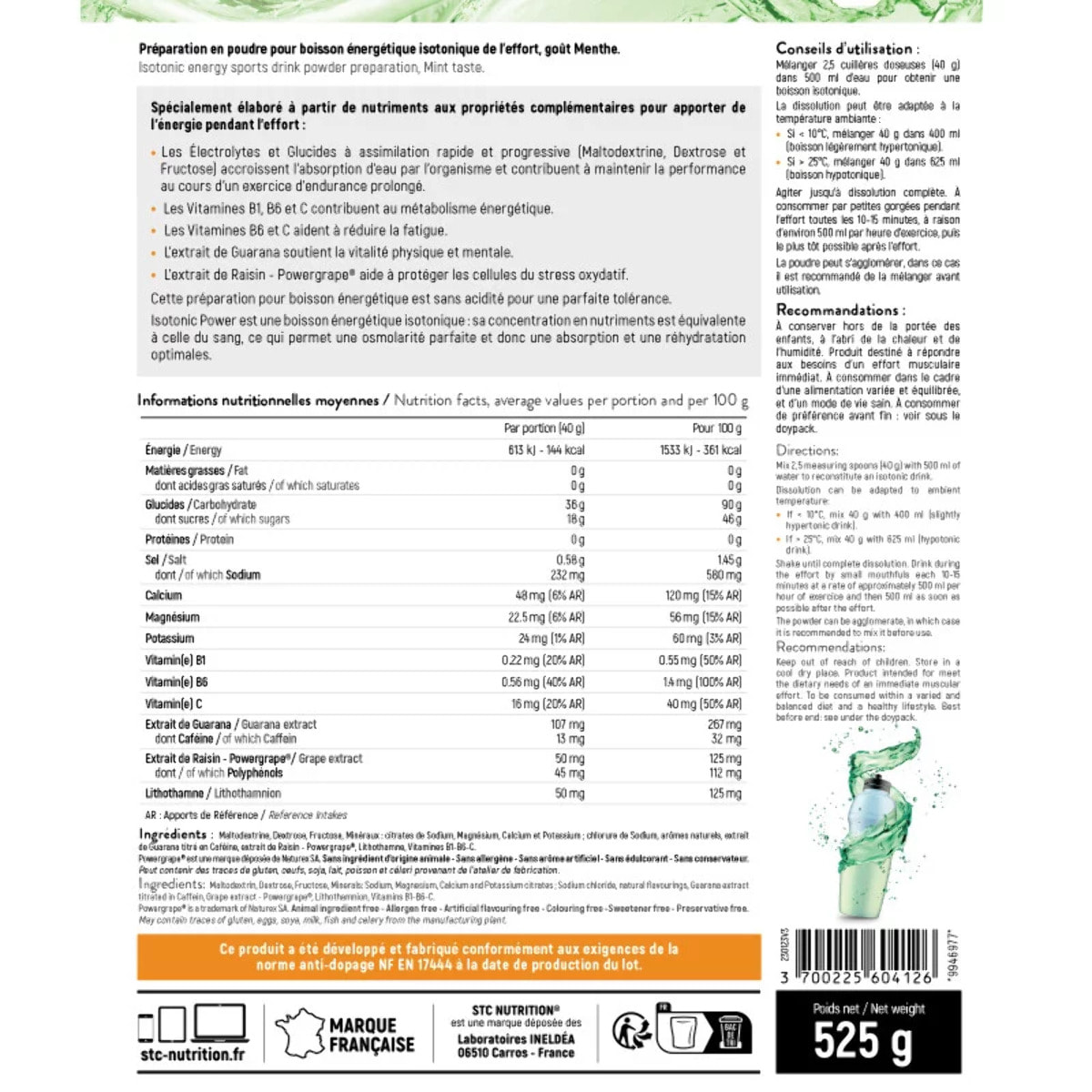 STC NUTRITION - Isotonic Power - Préparation pour boisson énergétique isotonique dynamisante - Source d'électrolytes - Hydratation optimale - 100% vegan - Goût Citron - 13 doses - Doypack 525 g - Menthe