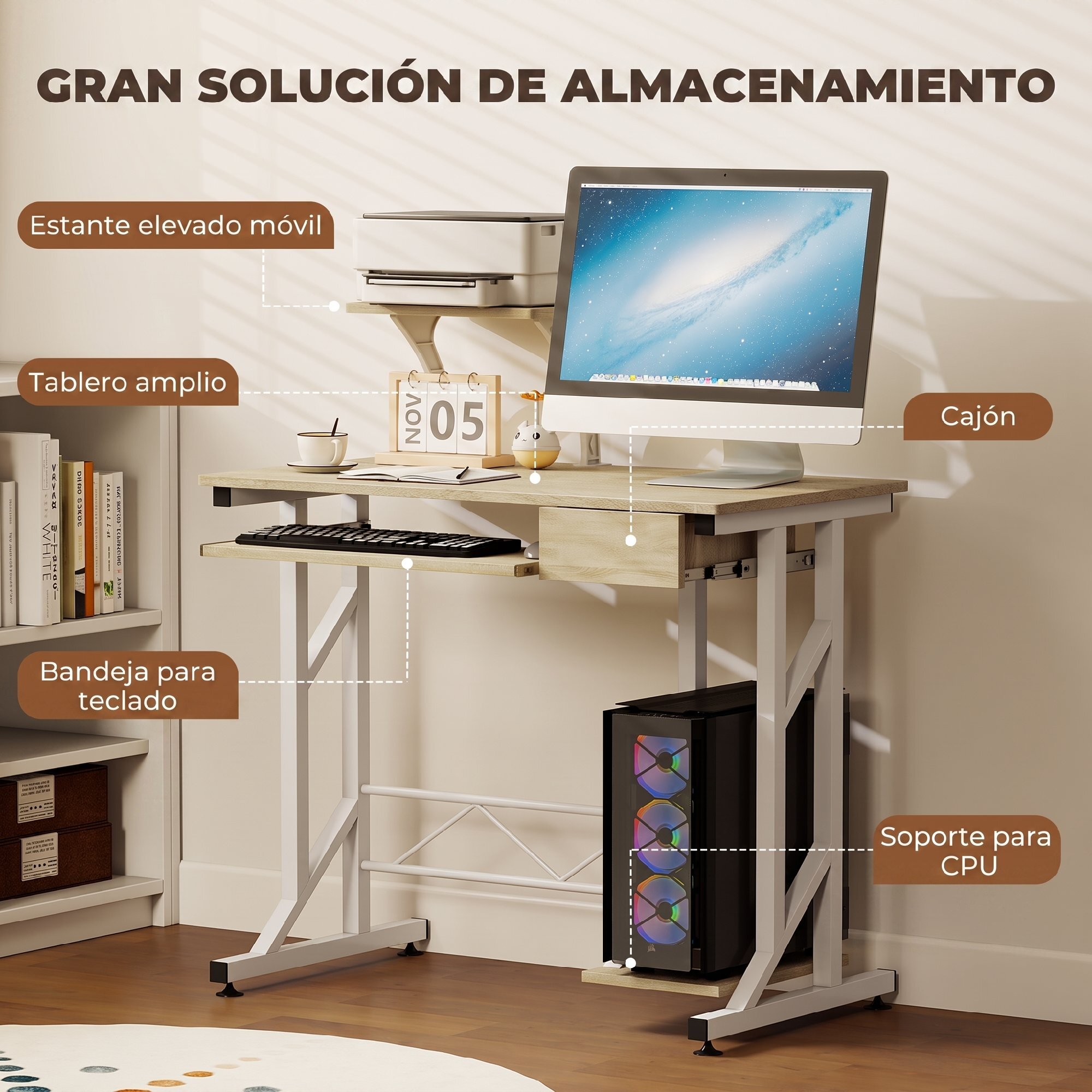 HOMCOM Mesa de Escritorio Mesa de Estudio con Bandeja de Teclado y Cajón Mesa de Ordenador para Despacho Oficina 90x50x100 cm Roble