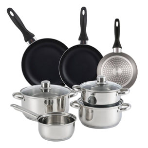 set de batería de cocina de 7pc en acero inoxidable + 3 sartenes ø16ø20ø24cm gris metalizado en aluminio prensado