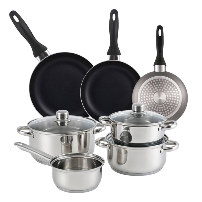 set de batería de cocina de 7pc en acero inoxidable + 3 sartenes ø16ø20ø24cm gris metalizado en aluminio prensado