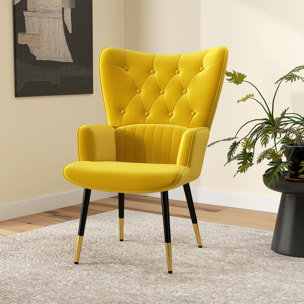 Sillón Individual Butaca de Dormitorio Butaca de Salón Tapizado en Terciopelo con Respaldo Alto Reposabrazos y Patas de Acero Estilo Moderno 68x72x103 cm Amarillo