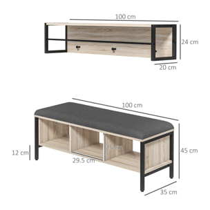 Porte-manteau mural vestiaire d'entrée banc à chaussures 3 compartiments 3 patères barre penderie acier noir aspect chêne clair