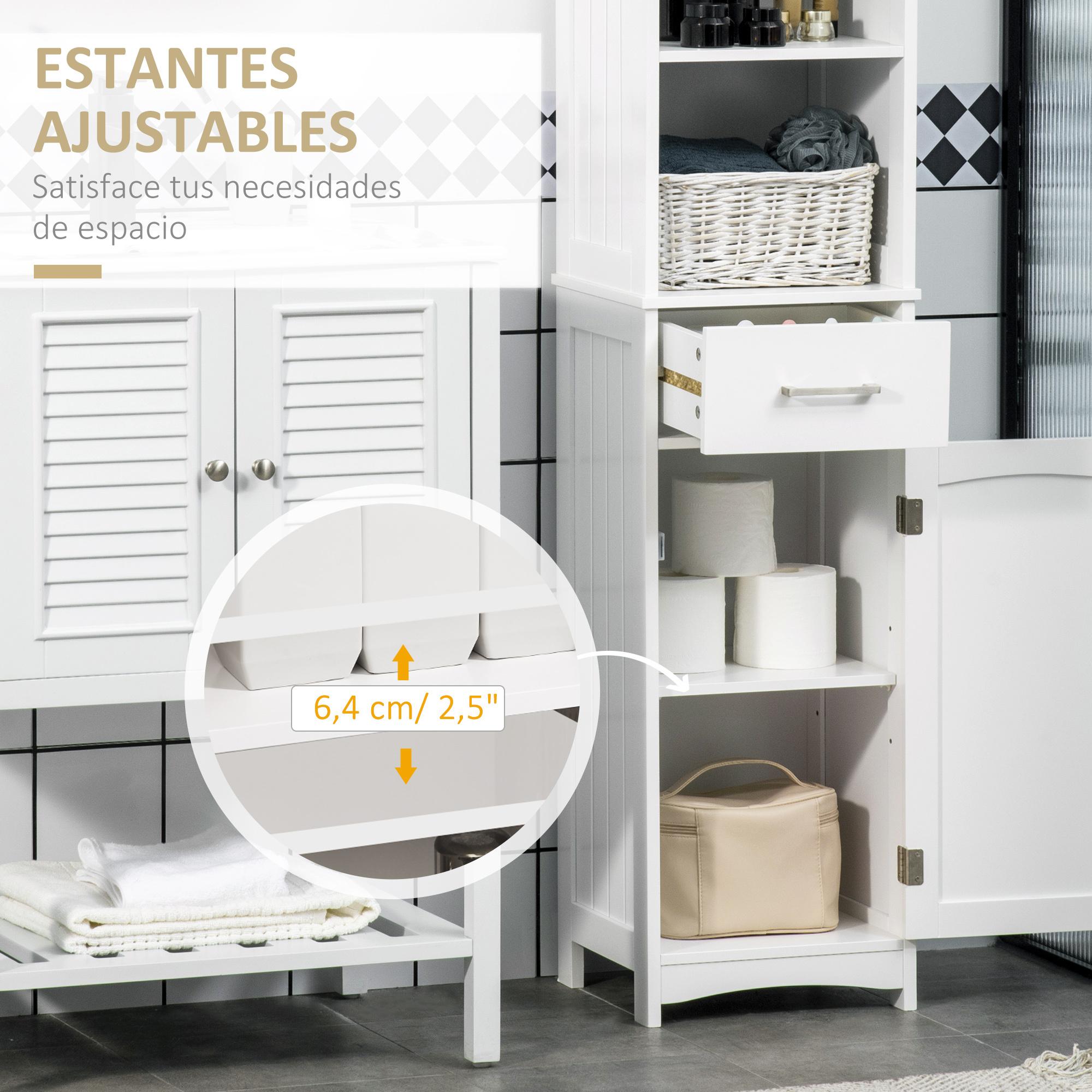 kleankin Armario de Baño con 1 Cajón 1 Puerta 3 Estantes Abiertos y Balda Interior Ajustable Mueble Auxiliar de Almacenaje para Salón Aseo Dormitorio 34x30x163 cm Blanco