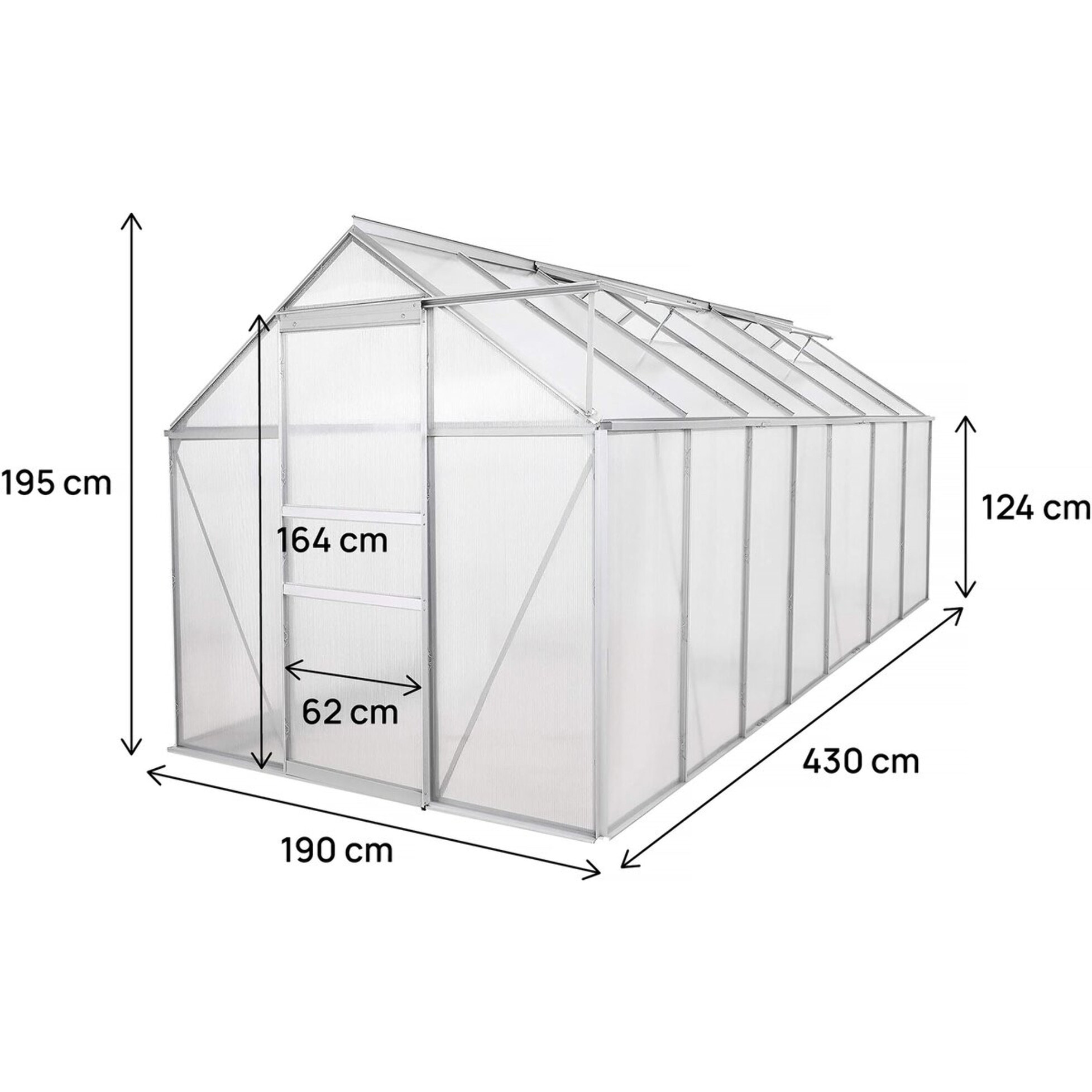 Serre jardin en polycarbonate 430 x 190 x 195 cm "Basilic" - 8,17 m² - Gris