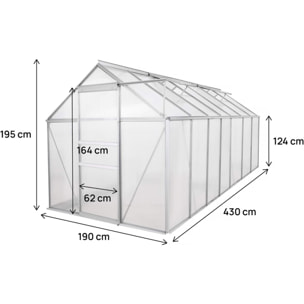 Serre jardin en polycarbonate 430 x 190 x 195 cm "Basilic" - 8,17 m² - Gris