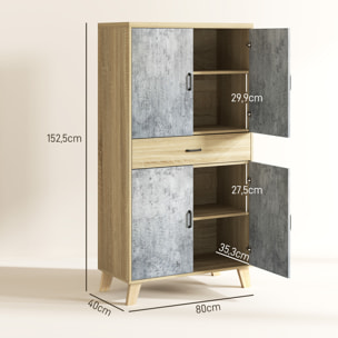 Buffet haut vaisselier - 4 portes 2 étagères tiroir - dim. 80L x 40l x 152H cm - effet bois naturel béton ciré