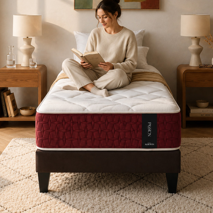 Ensemble Matelas Hybride Passion & Sommier Kit Tissu, Ressorts Ensachés & Mémoire de Forme, 32 cm, Accueil Moelleux, Soutien Ferme
