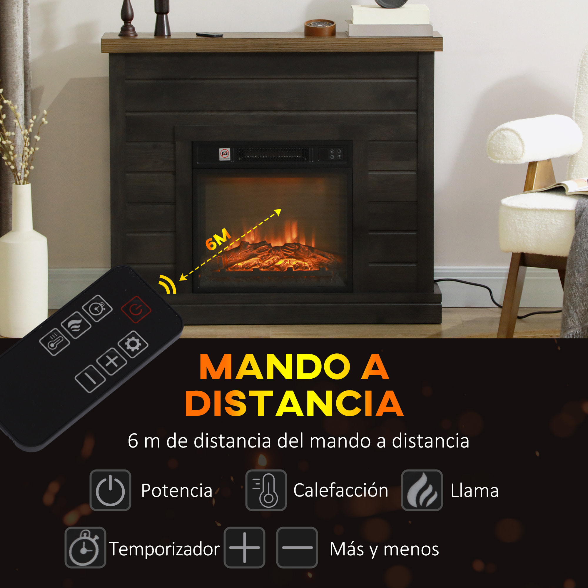 Chimenea Eléctrica 1800W Chimenea Decorativa con Efecto de Llama Mando a Distancia Temporizador Semanal Protección Contra Sobrecalentamiento para Sala 30 m² Gris Oscuro