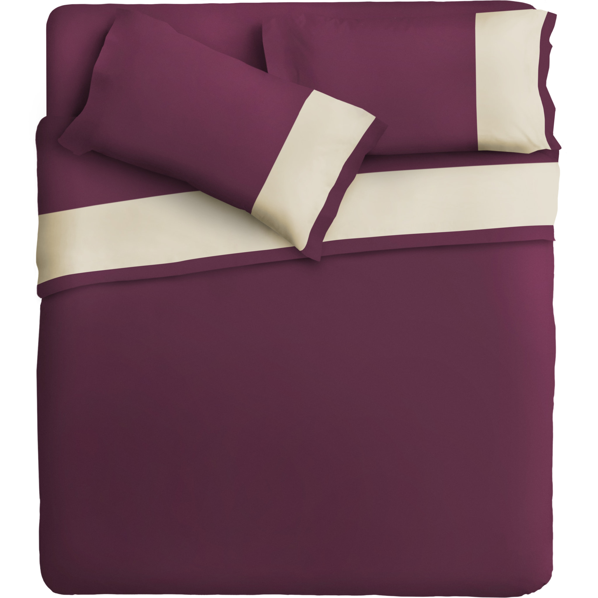 Completo letto bordo RASO IPERSAN Puro Cotone Panna fondo Prugna