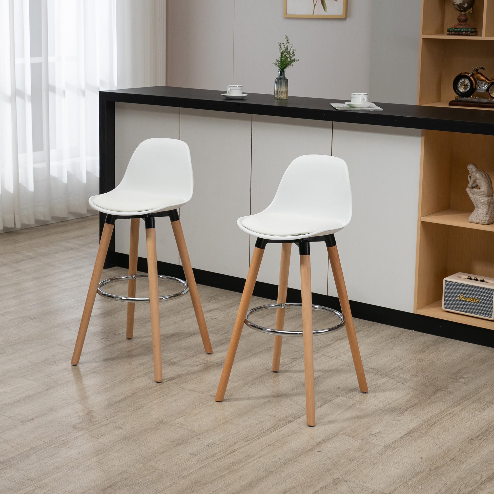 Juego de 2 Taburetes de Bar Tapizado en PU Taburetes Altos de Cocina con Asiento 70 cm de Altura Patas de Madera para Cocina Comedor 40x42x91 cm Blanco