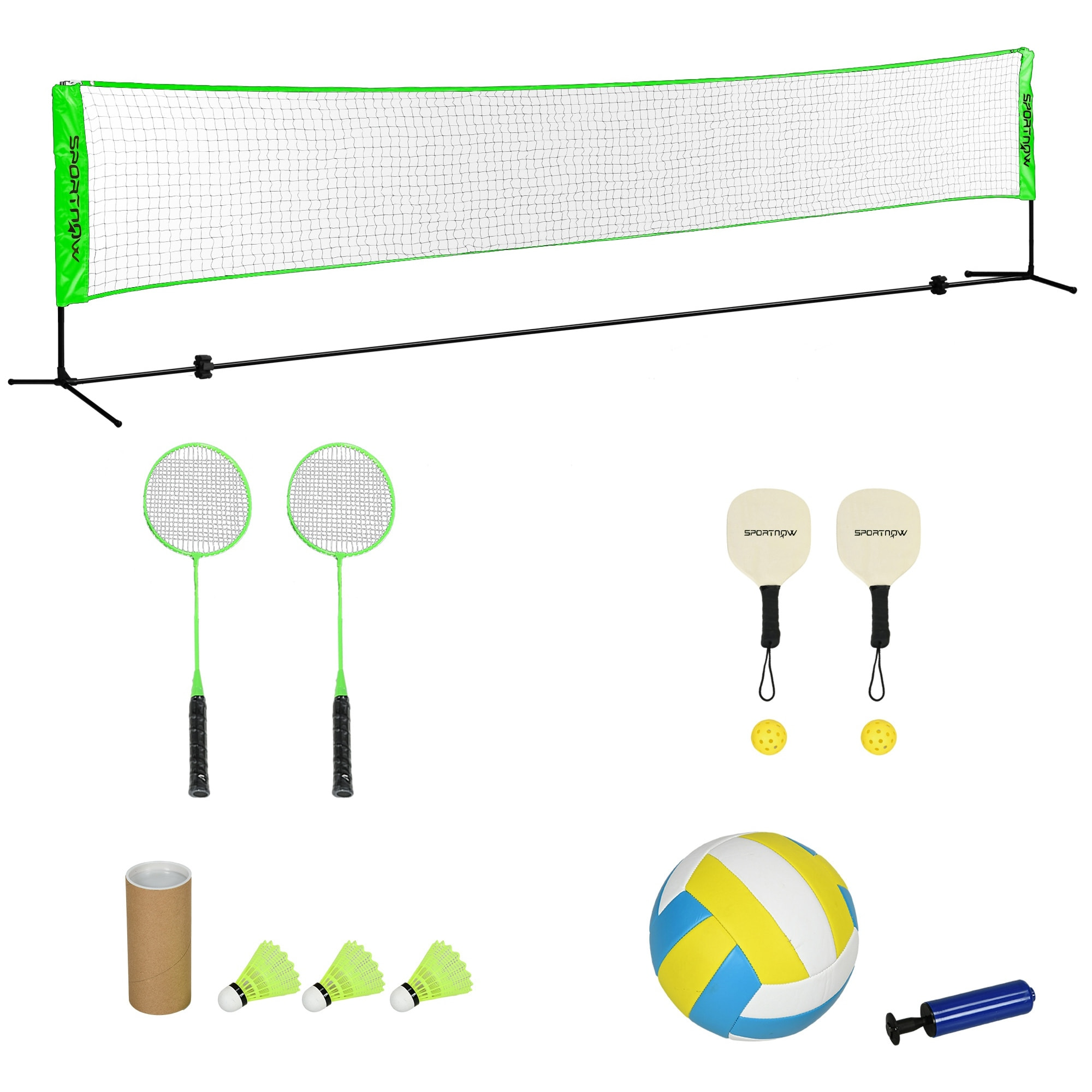Set de Bádminton de 7 Piezas Juego de Bádminton con 2 Raquetas de Bádminton 3 Bádminton 2 Raquetas de Pickleball 2 Pickleball Pelota de Voleibol y Red con Soporte Negro y Verde