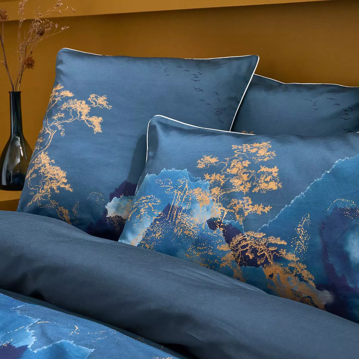 Housse de couette satin de coton imprimé bleu or Fuji nocturne