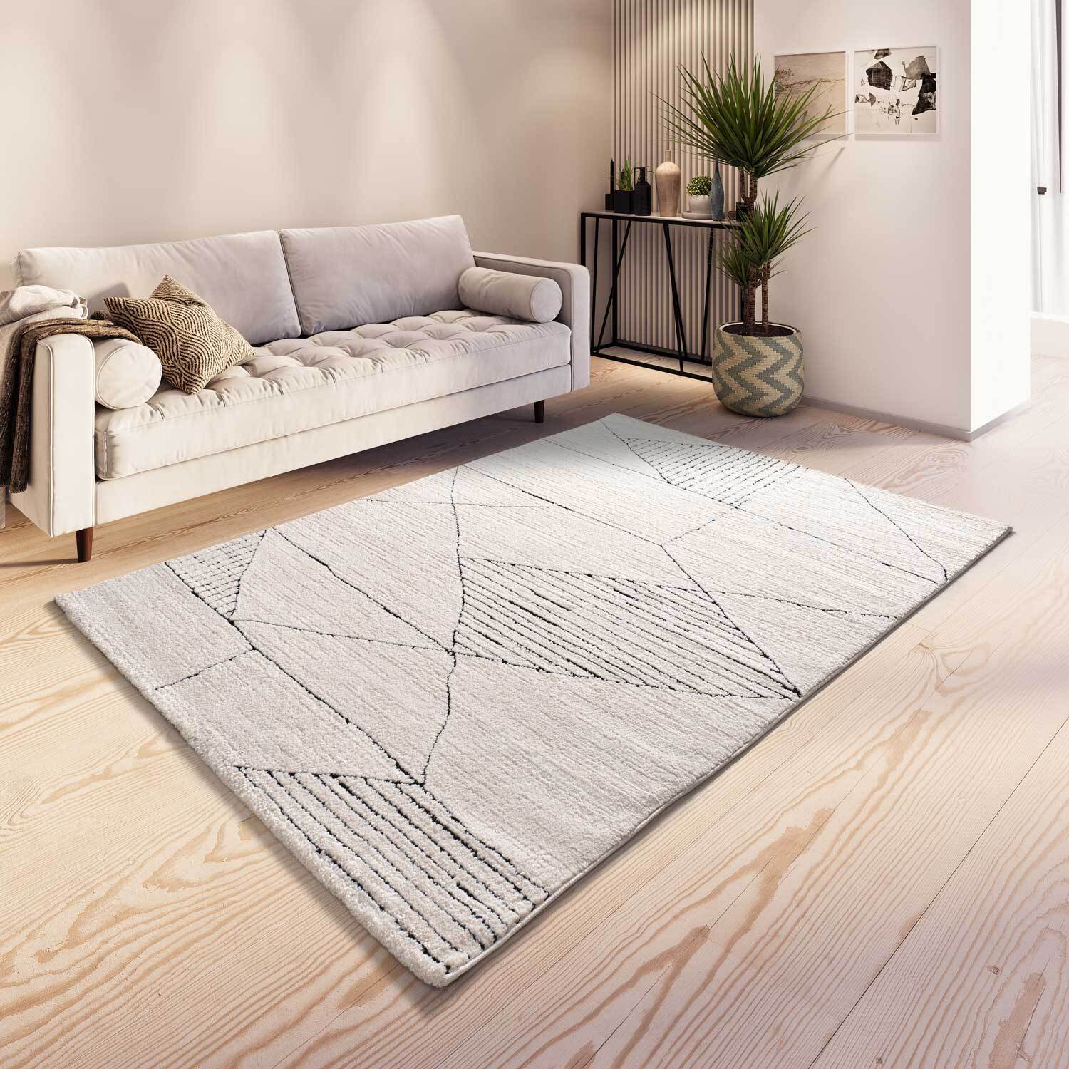 TURIN Alfombra étnica con relieve en blanco y negro, varias medidas disponibles