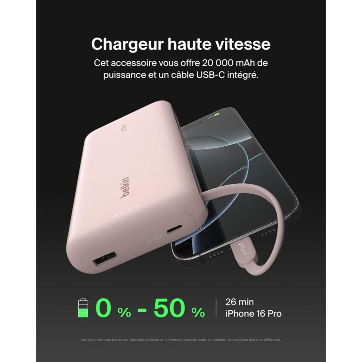 Batterie externe BELKIN 20000 mAh avec cable USB-C intégre pink