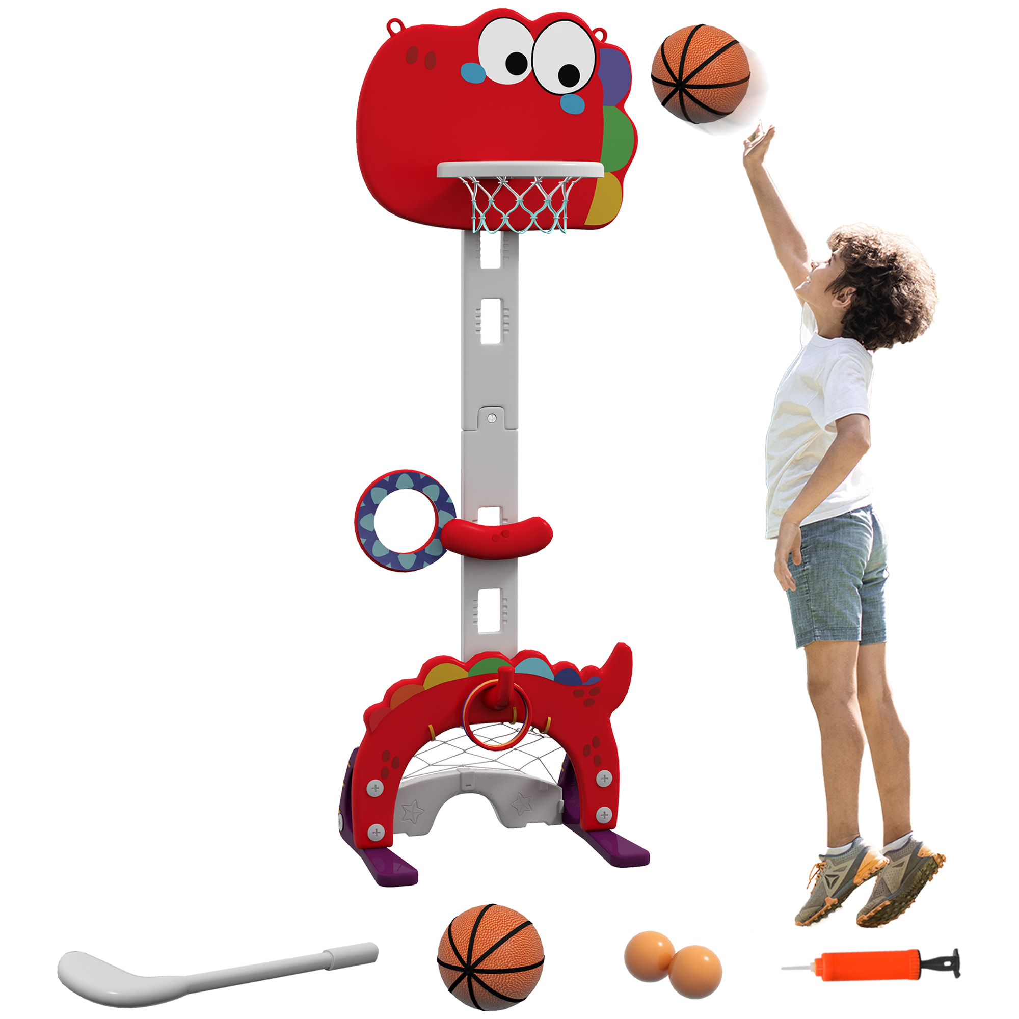 Canasta de Baloncesto Infantil 5 en 1 Canasta de Baloncesto para Niños Altura Ajustable con Fútbol Golf Lazo Juego de Lanzamiento de Pelota para Interior Rojo