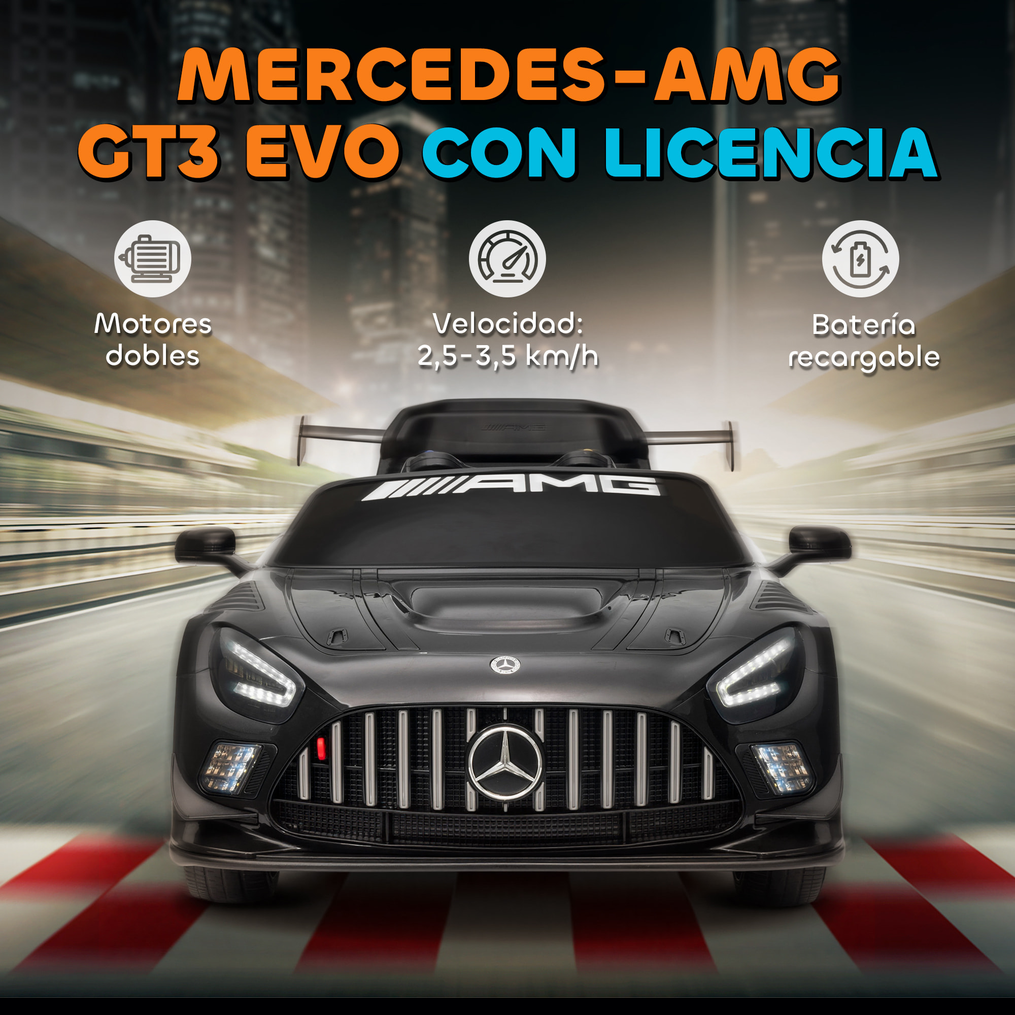 Coche Eléctrico para Niños, Mercedes-AMG GT3 Evo, Coche de Batería 12V, con Mando a Distancia 2,4 G, Motor Doble, Ruedas Auxiliares, Asa de Arrastre, Música Inalámbrica, Faros, Negro