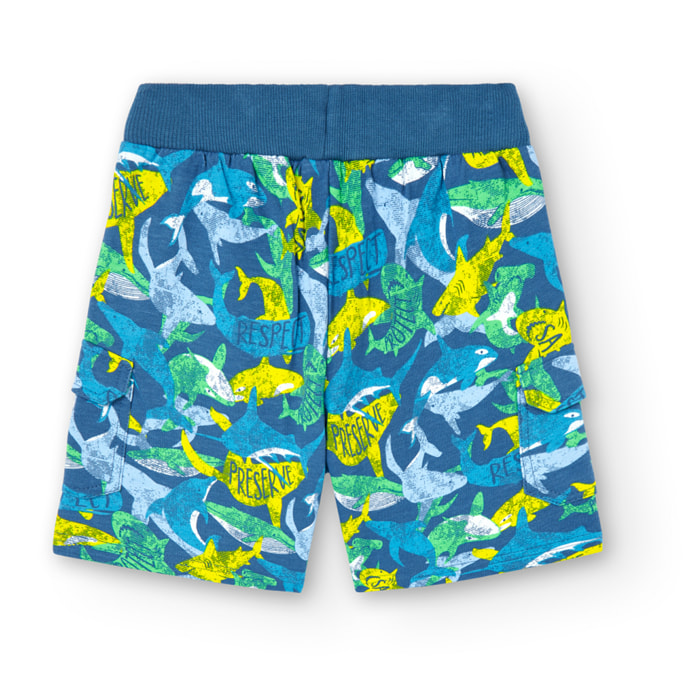 Bermudas niÃ±o, felpa estampada, azul Ã­ndigo