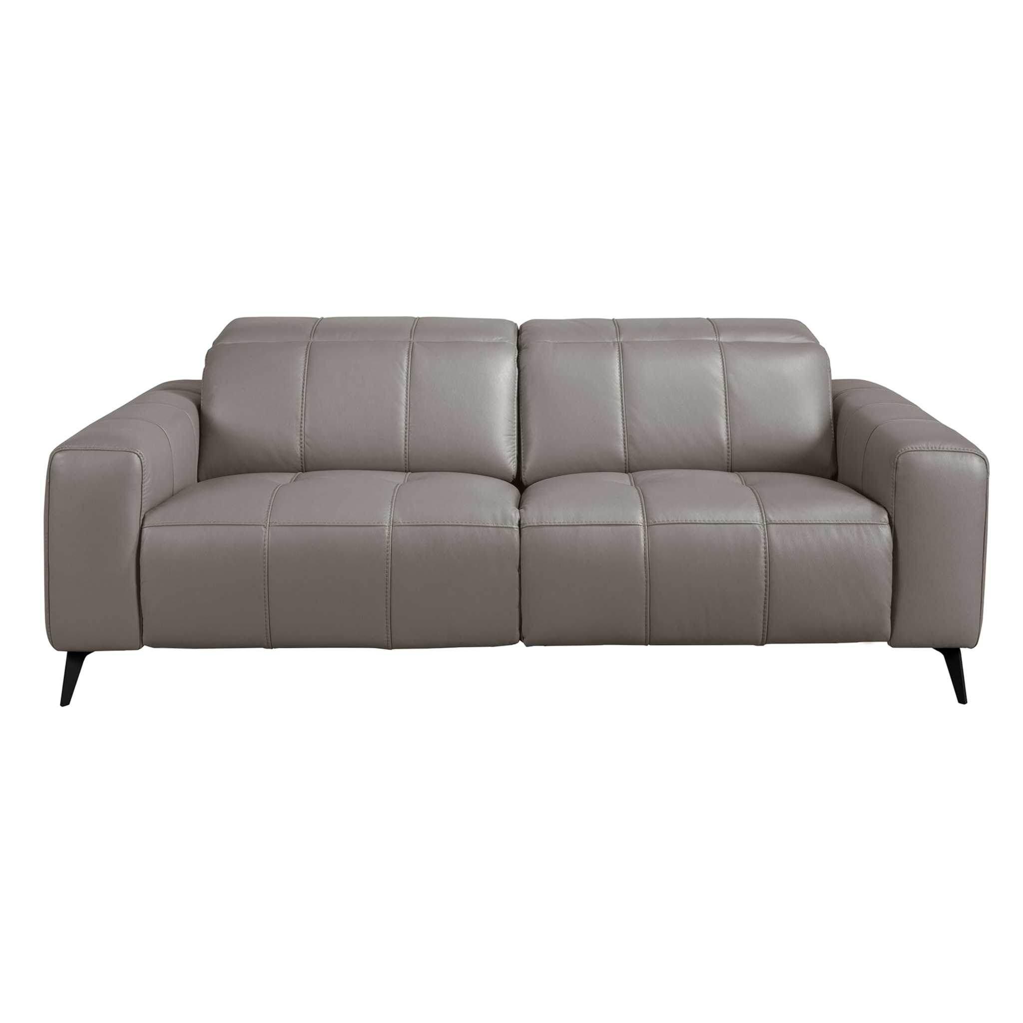 Sofá relax Angel Cerdá de 3 plazas tapizado en piel de origen vacuno en gris con reposacabezas patas de acero inoxidable en epoxi negro 2 sistemas de relax eléctrico 216x110x98cm