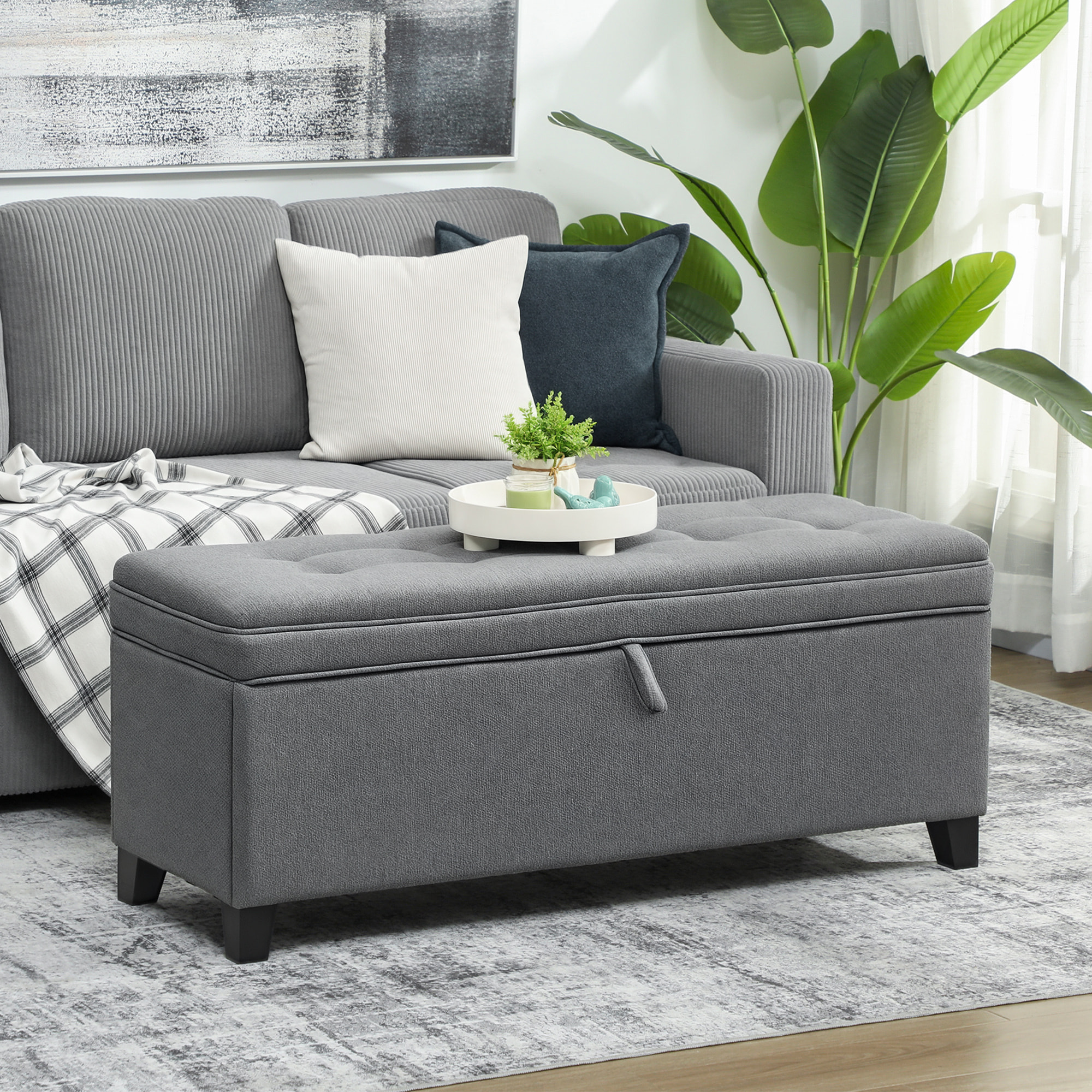 Puff Almacenaje Banco Almacenaje 112L Tapizado en Lino con 2 Bisagras de Seguridad Tapa Abatible y Asiento con Capitoné para Dormitorio Salón Entrada Carga 120 kg 120x40x48 cm Gris Oscuro