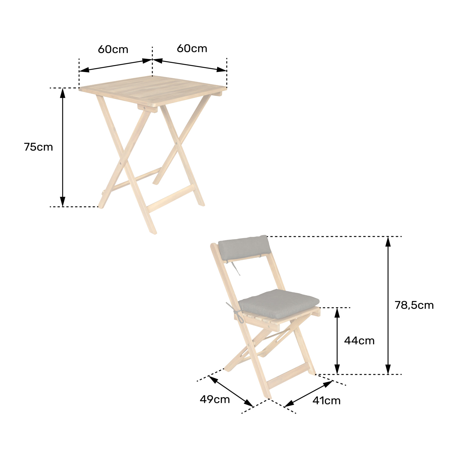 Ensemble table et chaises 2 places en acacia et coussins sable BENAGIL
