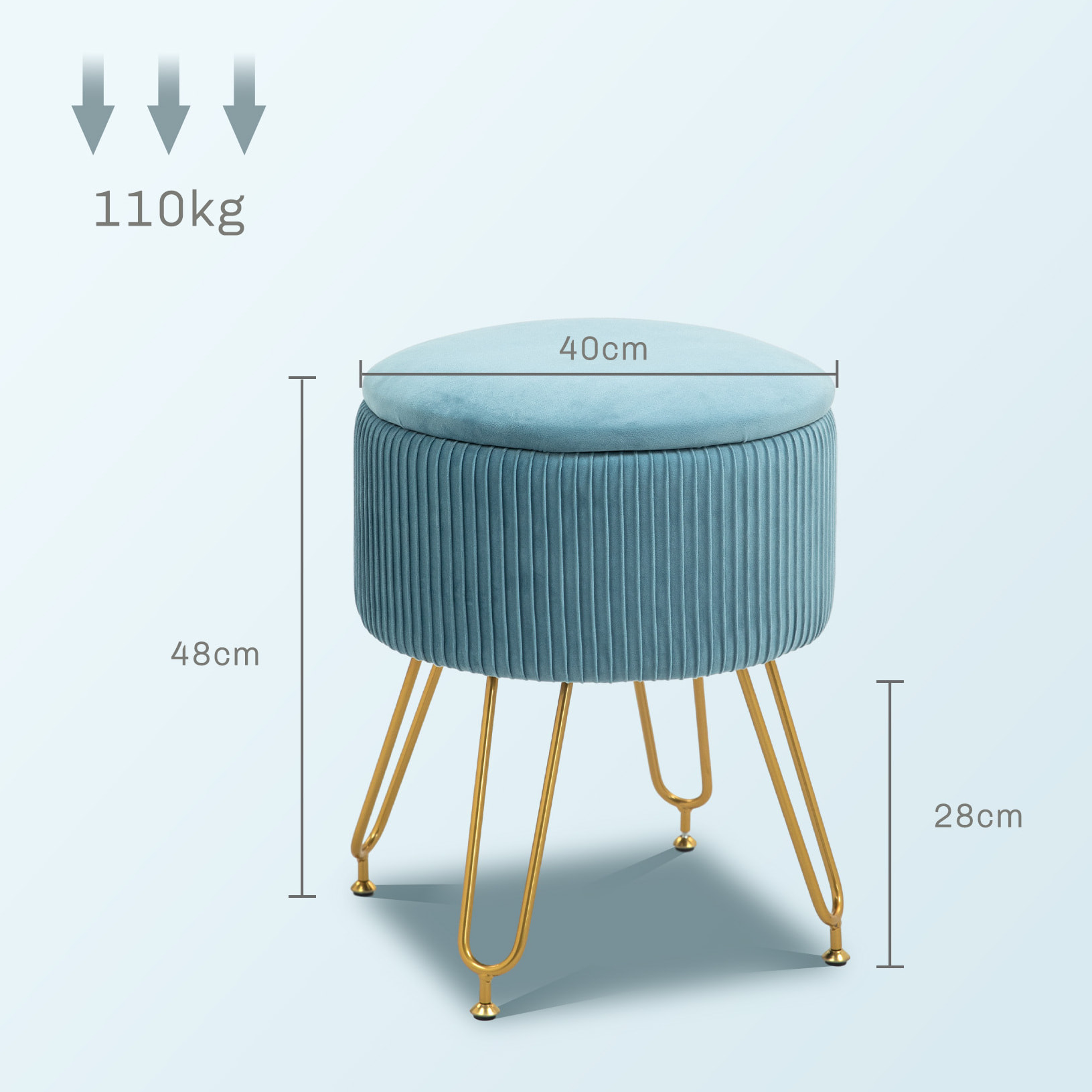 Pouf coffre style Art déco - piètement épingle acier doré assise velours bleu clair