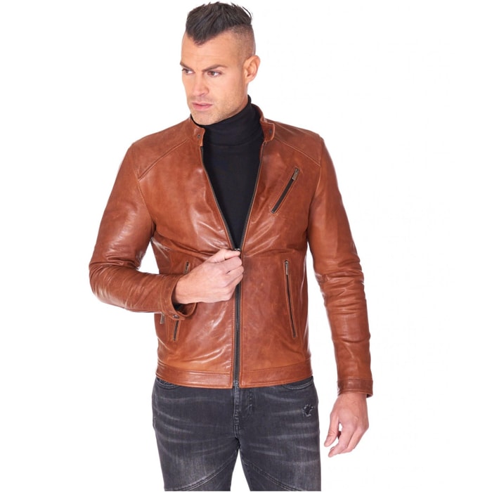 Giacca biker in pelle pull up color cuoio effetto vintage